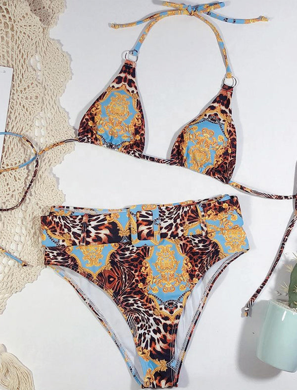 Mixed print strappy bikini set