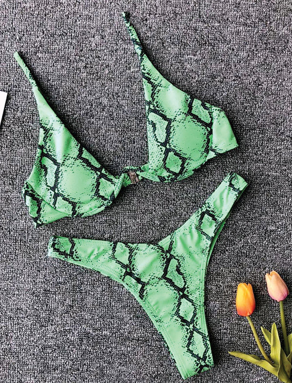 Green snakeskin bikini set