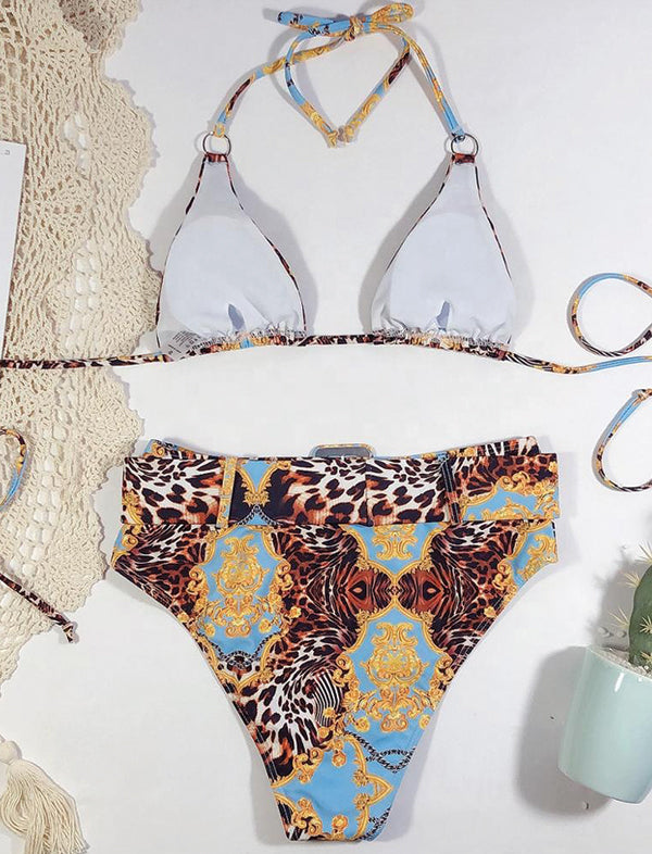 Mixed print strappy bikini set