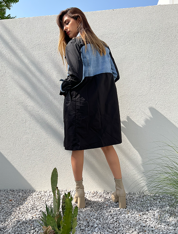 Spliced denim trench coat